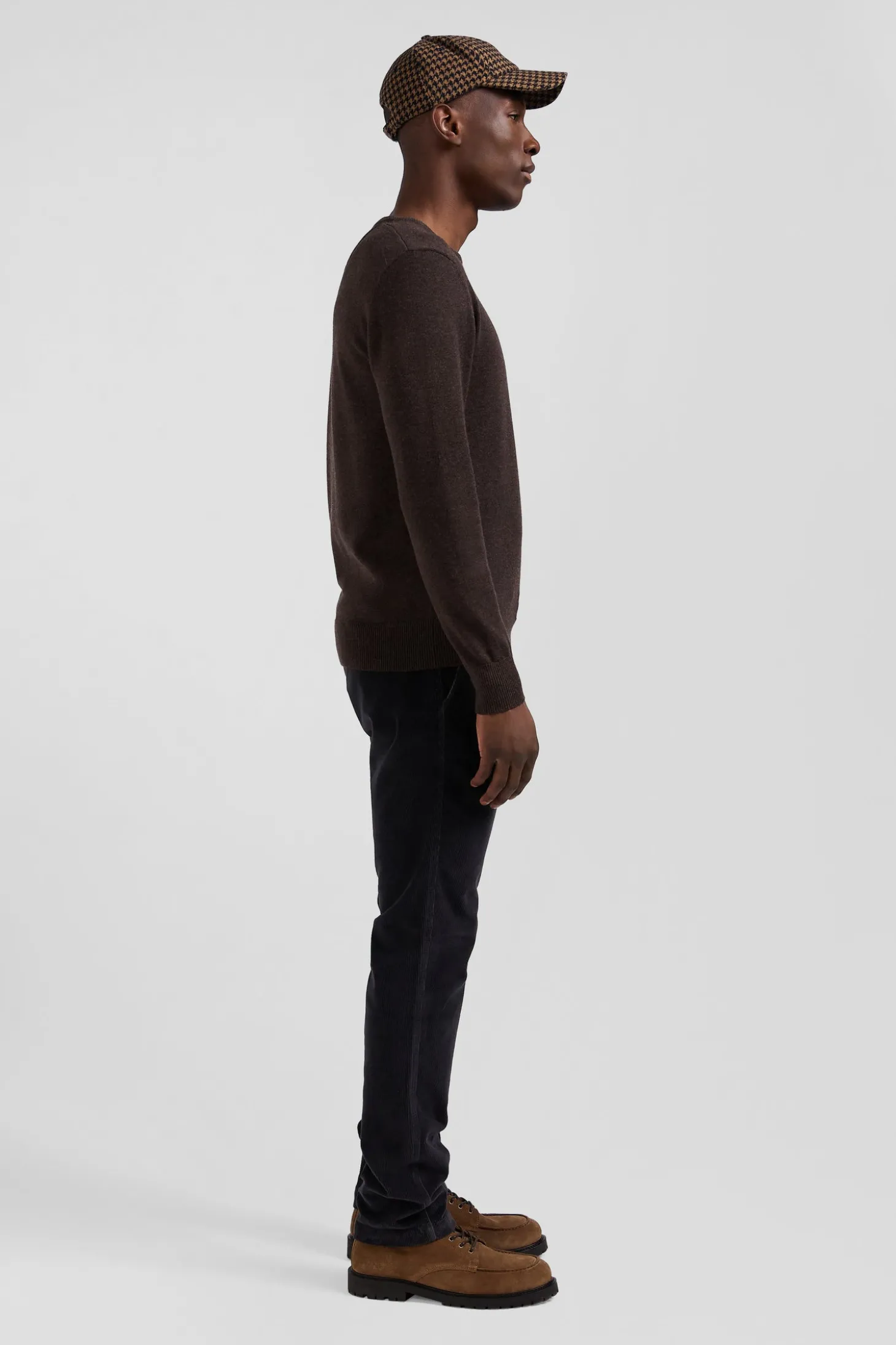 Pull col rond en laine et coton brun coupe Regular