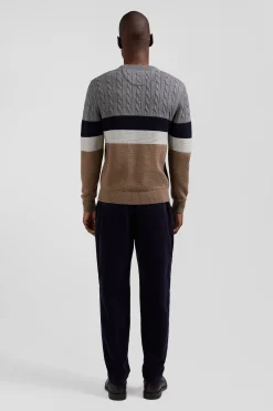 Pull col rond en laine et coton marron à jeux de maille coupe Regular