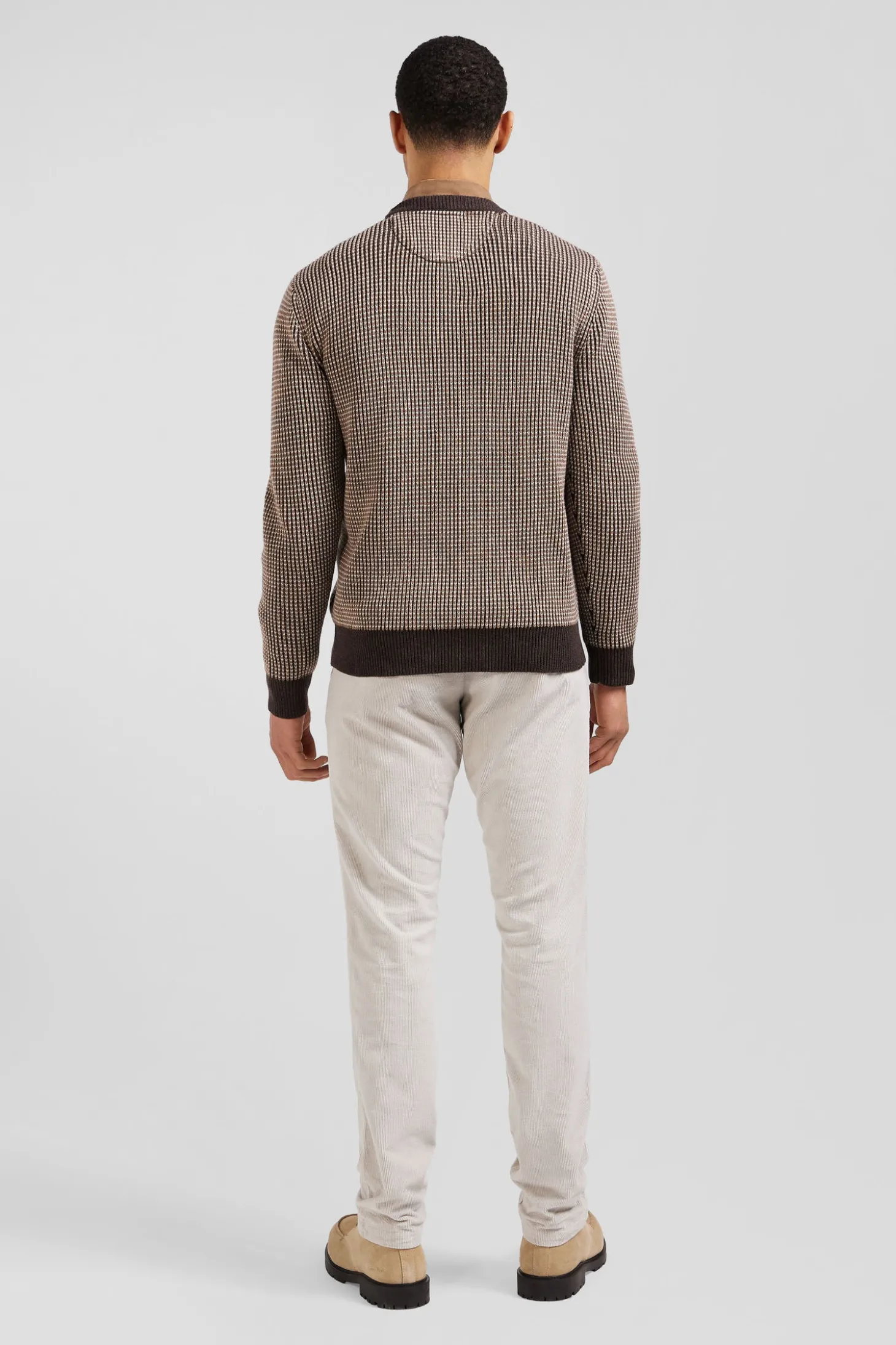 Pull col rond en laine et coton marron coupe Regular