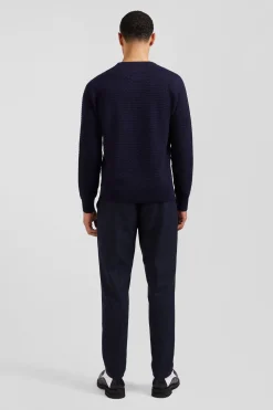 Pull col rond en laine et coton bleu marine coupe Regular effet micro nœud papillon