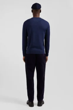 Pull col rond en laine et coton bleu foncé coupe Regular