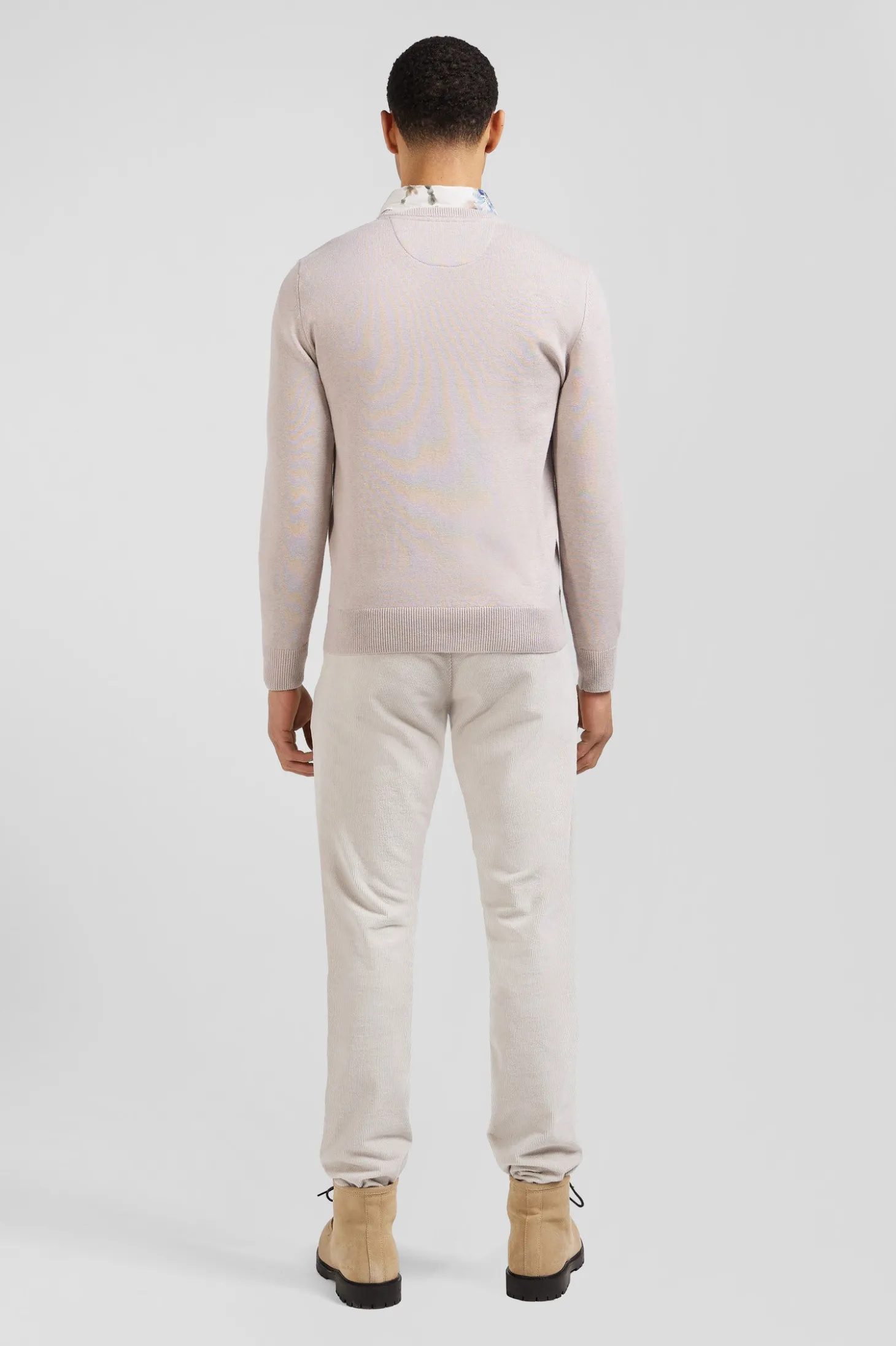 Pull col rond en laine et coton beige coupe Regular
