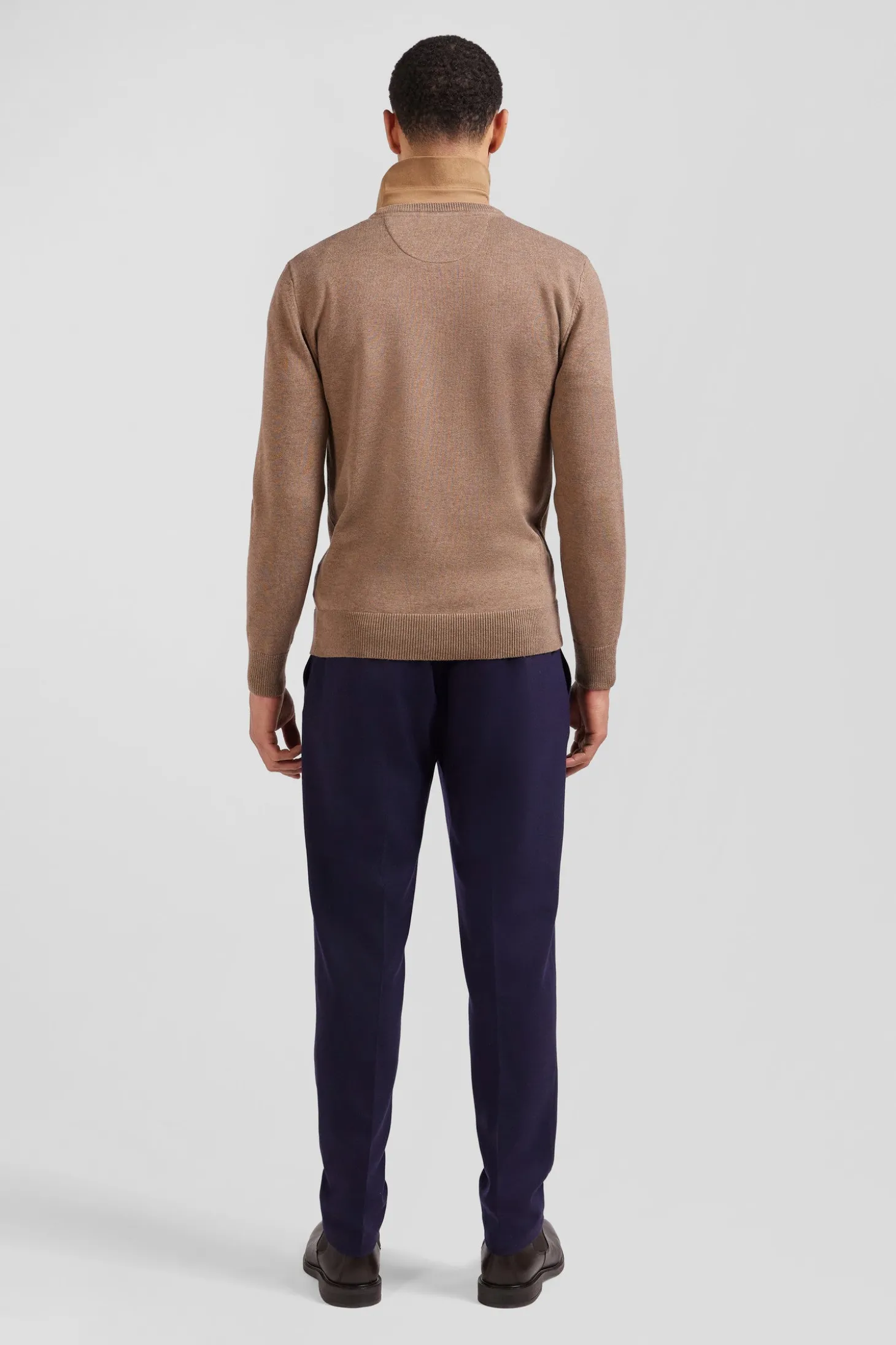 Pull col rond en laine et coton marron coupe Regular