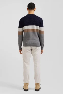 Pull col rond en laine et coton gris à jeux de maille coupe Regular