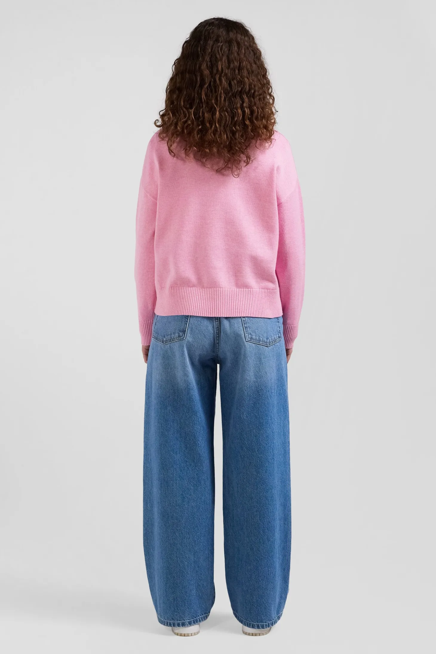 Pull col rond en laine et coton rose coupe Relaxed