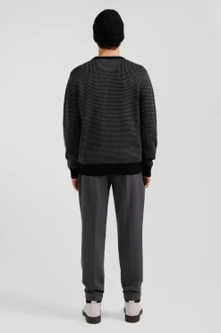 Pull col rond en laine et coton noir coupe Regular