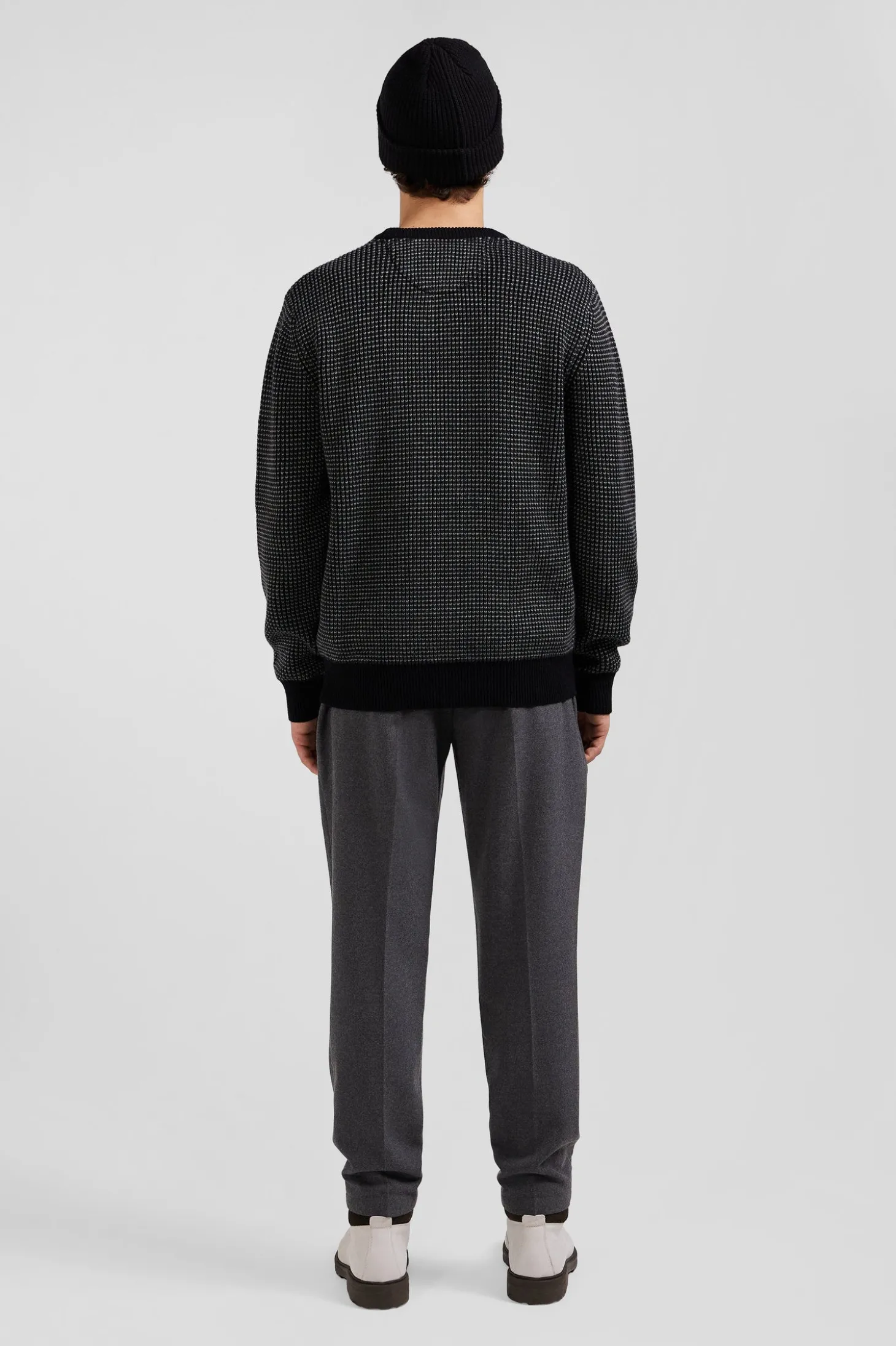 Pull col rond en laine et coton noir coupe Regular