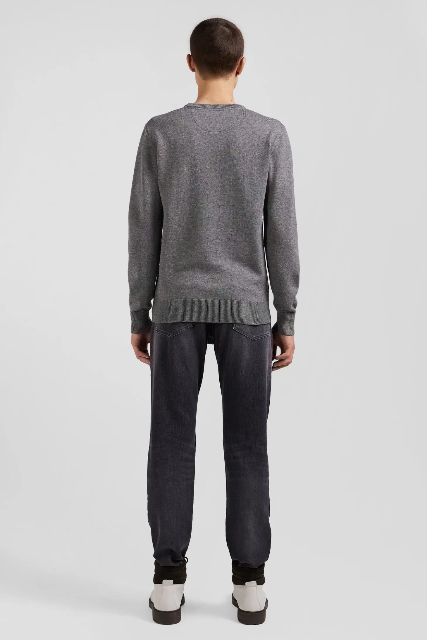 Pull col rond en laine et coton gris clair coupe Regular