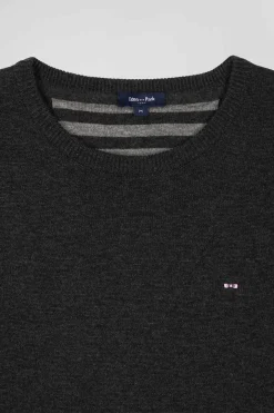 Pull col rond en laine et coton gris anthracite coupe Regular