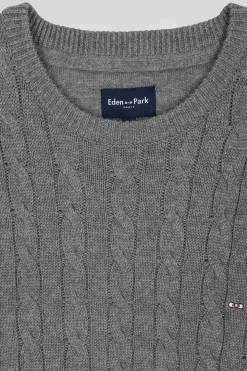 Pull col rond en laine et coton marron à jeux de maille coupe Regular