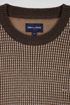 Pull col rond en laine et coton marron coupe Regular