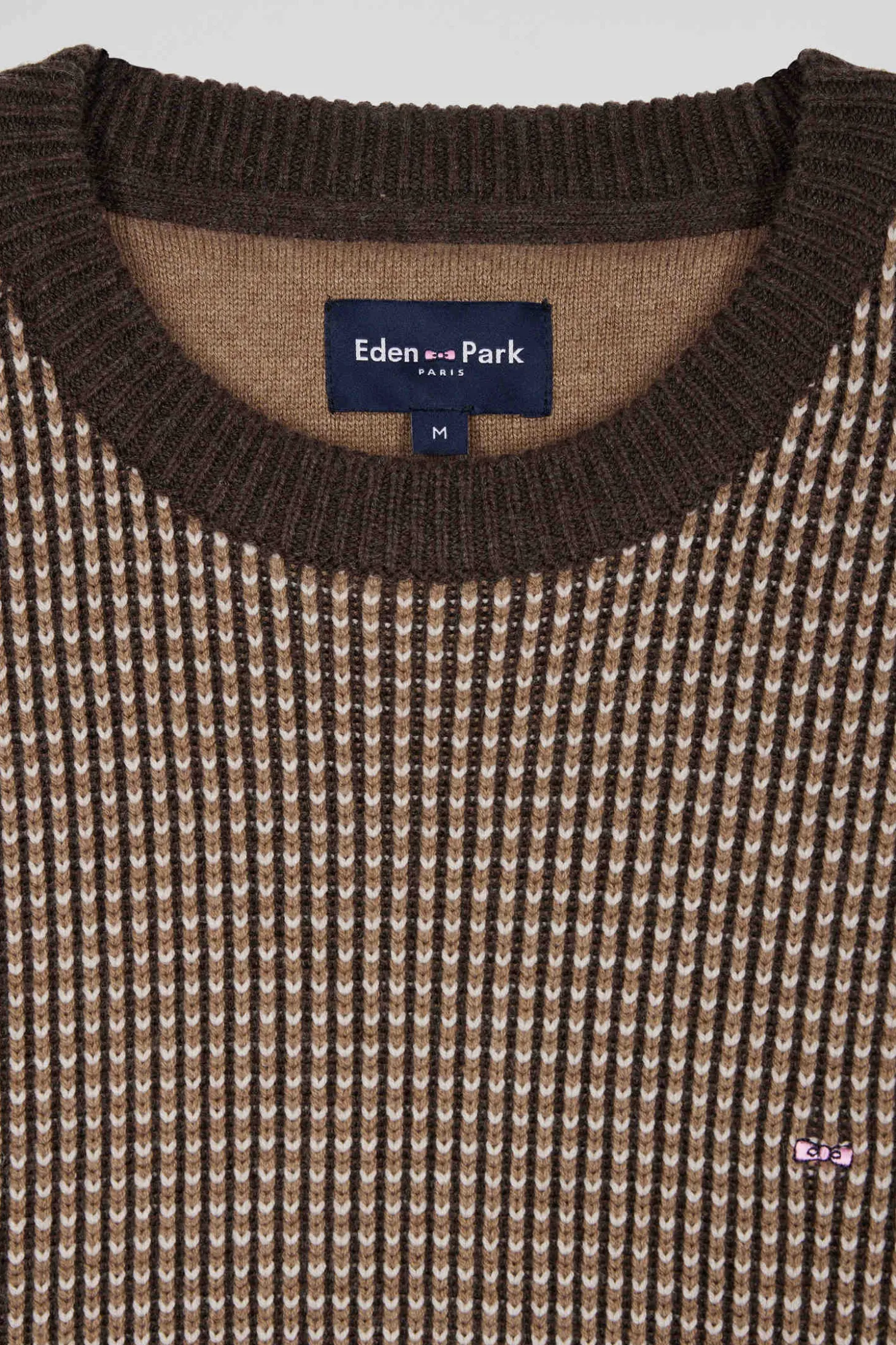 Pull col rond en laine et coton marron coupe Regular