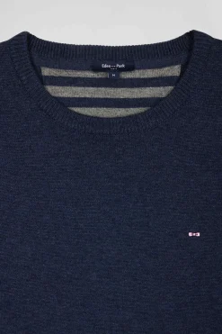 Pull col rond en laine et coton bleu foncé coupe Regular