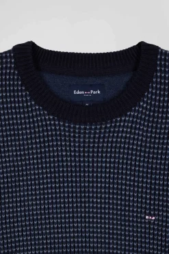 Pull col rond en laine et coton bleu marine coupe Regular
