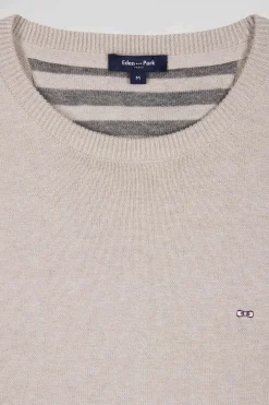 Pull col rond en laine et coton beige coupe Regular