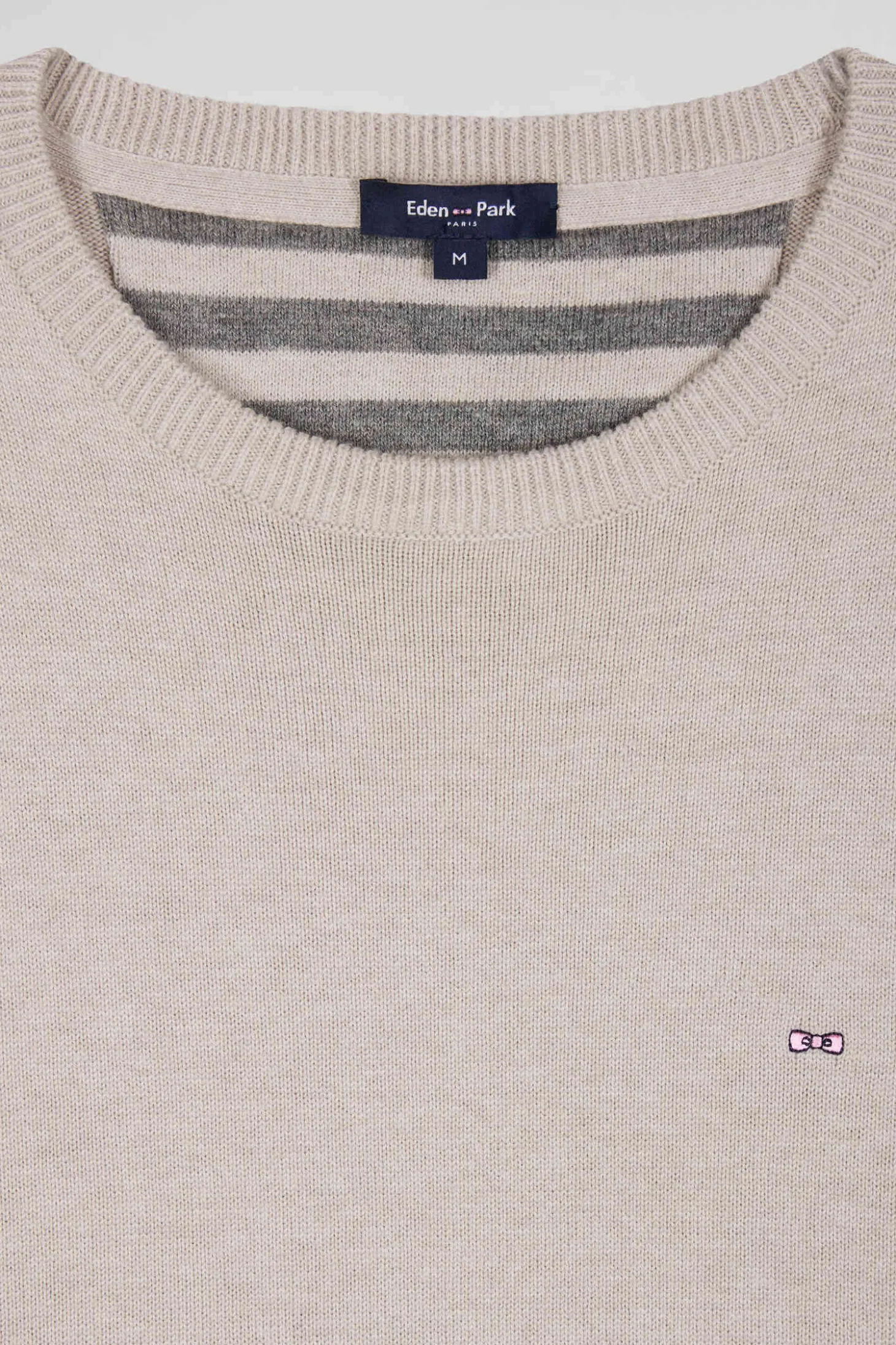 Pull col rond en laine et coton beige coupe Regular