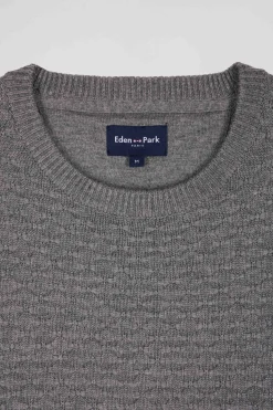 Pull col rond en laine et coton gris coupe Regular effet micro nœud papillon