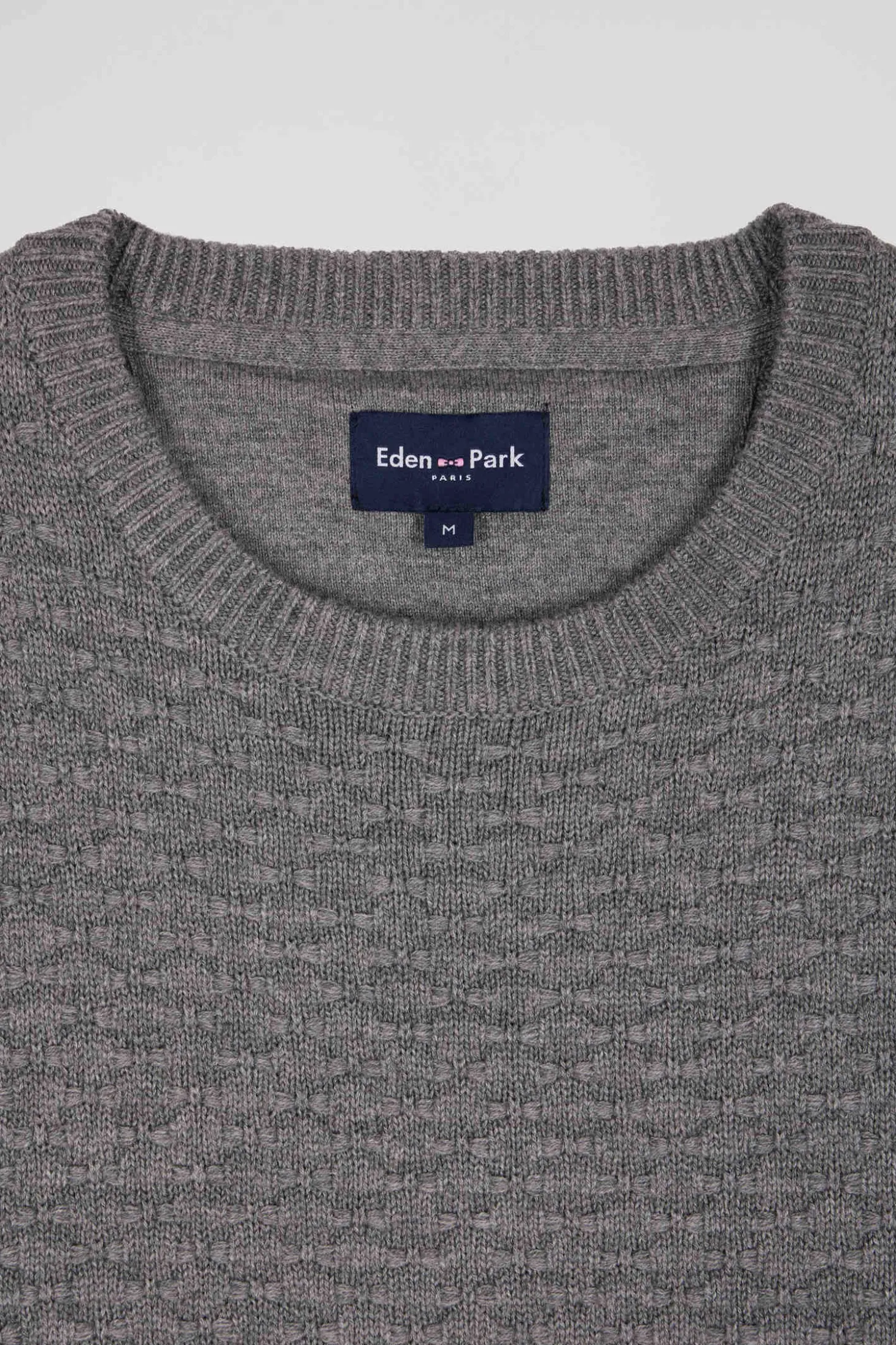 Pull col rond en laine et coton gris coupe Regular effet micro nœud papillon