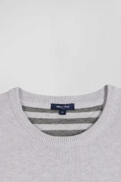 Pull col rond en laine et coton gris coupe Regular