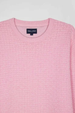 Pull col rond en laine et coton rose coupe Regular effet micro nœud papillon
