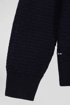 Pull col rond en laine et coton bleu marine coupe Regular effet micro nœud papillon