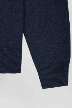 Pull col rond en laine et coton bleu foncé coupe Regular