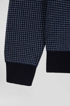 Pull col rond en laine et coton bleu marine coupe Regular