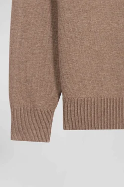 Pull col rond en laine et coton marron coupe Regular