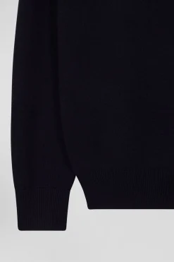 Pull col rond en laine et coton bleu marine coupe Regular