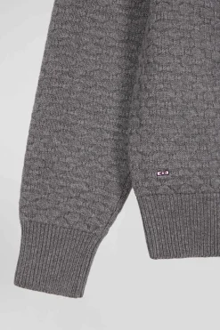 Pull col rond en laine et coton gris coupe Regular effet micro nœud papillon