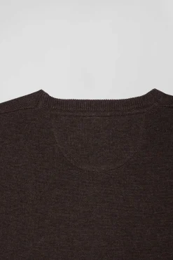 Pull col rond en laine et coton brun coupe Regular