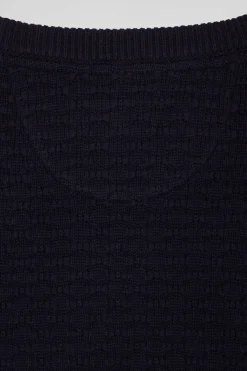 Pull col rond en laine et coton bleu marine coupe Regular effet micro nœud papillon