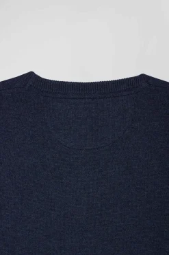 Pull col rond en laine et coton bleu foncé coupe Regular