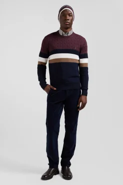 Pull col rond en maille coton fantaisie bordeaux coupe Regular