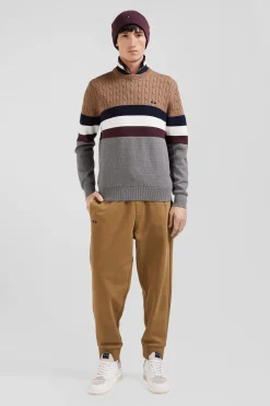 Pull col rond en maille coton fantaisie camel coupe Regular