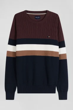 Pull col rond en maille coton fantaisie bordeaux coupe Regular