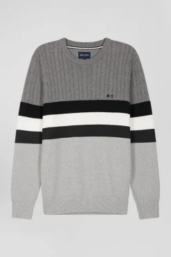 Pull col rond en maille coton fantaisie gris coupe Regular