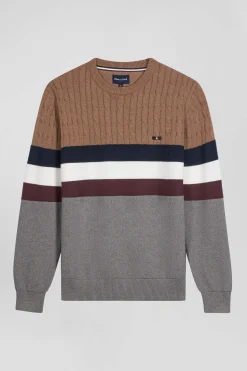 Pull col rond en maille coton fantaisie camel coupe Regular