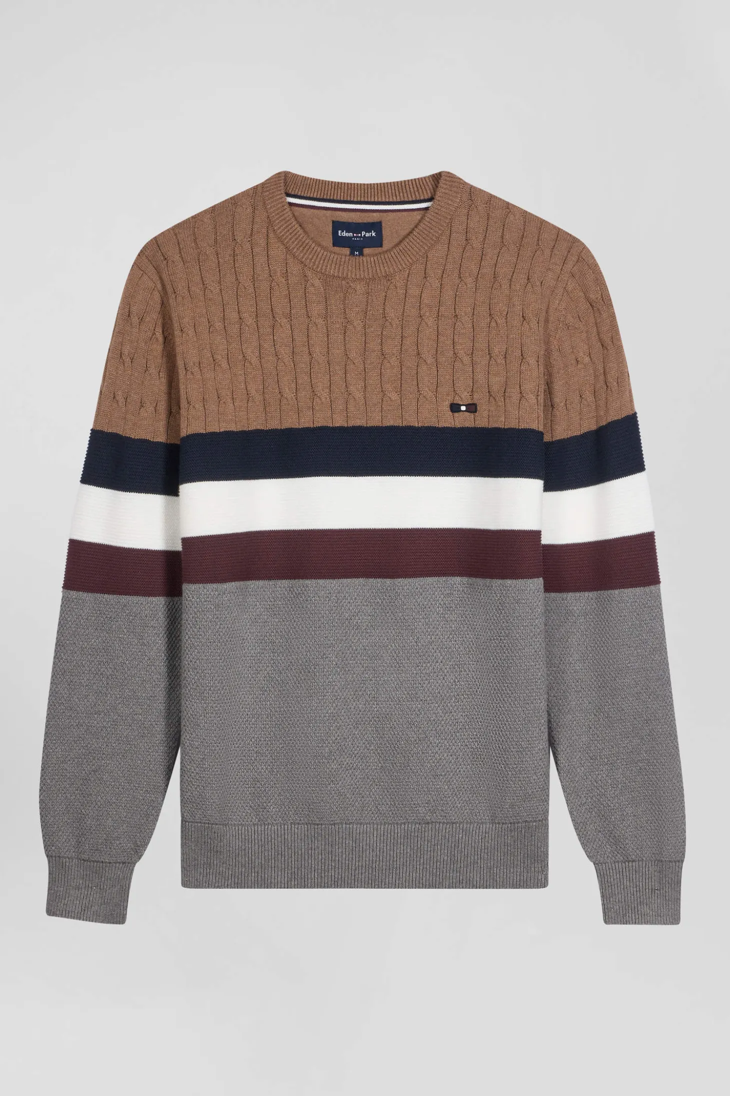 Pull col rond en maille coton fantaisie camel coupe Regular