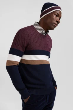 Pull col rond en maille coton fantaisie bordeaux coupe Regular
