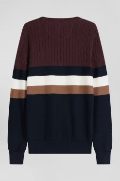 Pull col rond en maille coton fantaisie bordeaux coupe Regular
