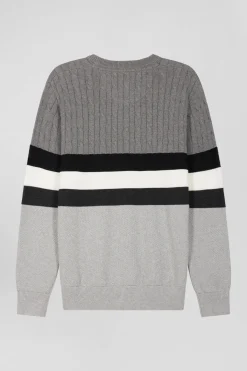 Pull col rond en maille coton fantaisie gris coupe Regular