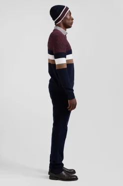 Pull col rond en maille coton fantaisie bordeaux coupe Regular