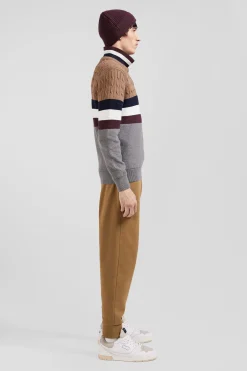 Pull col rond en maille coton fantaisie camel coupe Regular