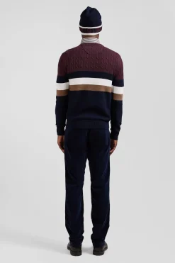 Pull col rond en maille coton fantaisie bordeaux coupe Regular
