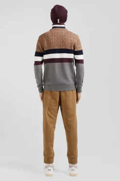 Pull col rond en maille coton fantaisie camel coupe Regular