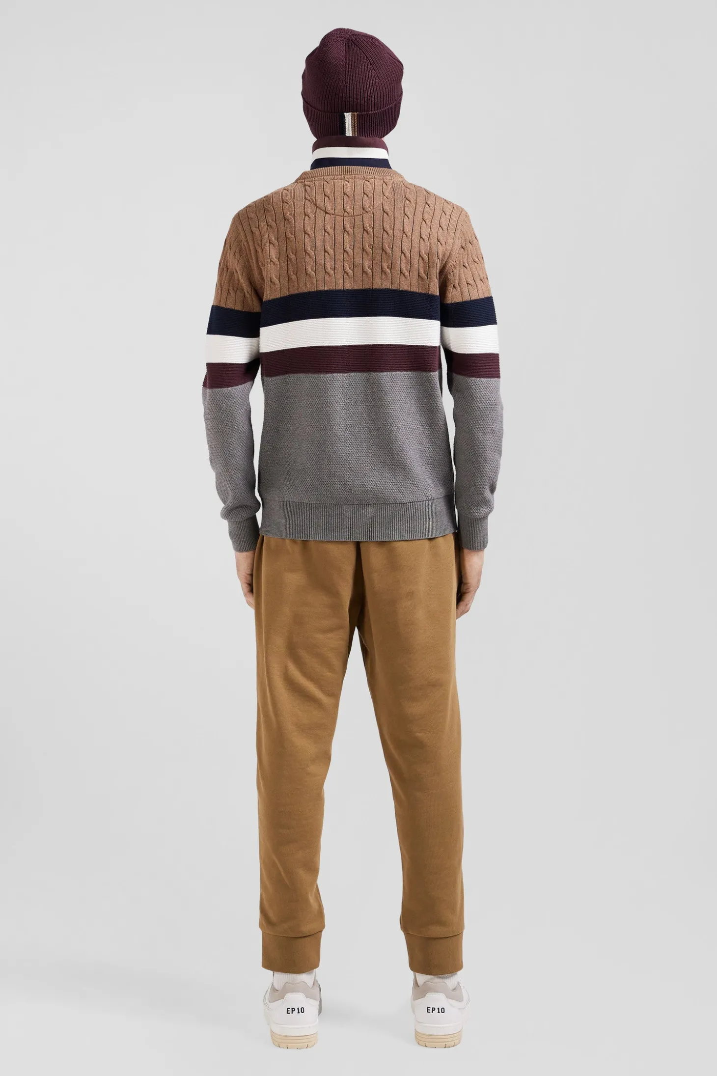 Pull col rond en maille coton fantaisie camel coupe Regular