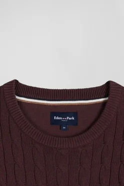 Pull col rond en maille coton fantaisie bordeaux coupe Regular