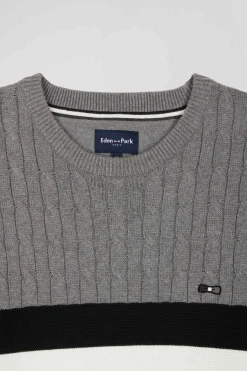 Pull col rond en maille coton fantaisie gris coupe Regular
