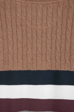 Pull col rond en maille coton fantaisie camel coupe Regular